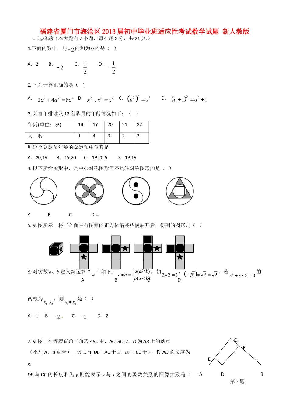 初中数学毕业班适应性考试试题(无答案) 新人教版 试题_第1页