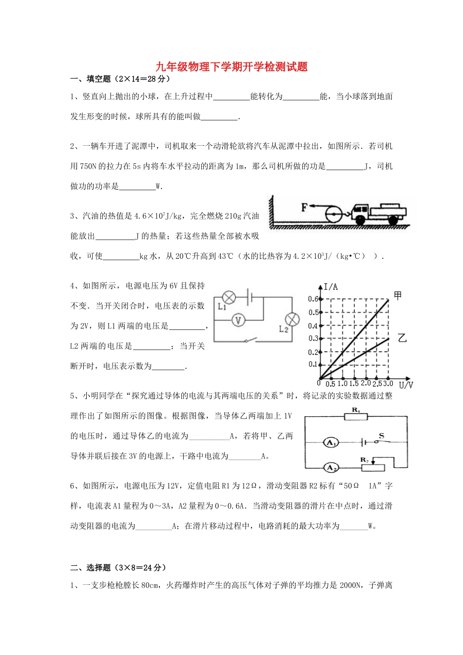 安徽省舒城二中九年级物理下学期开学检测试卷 新人教版试卷_第1页