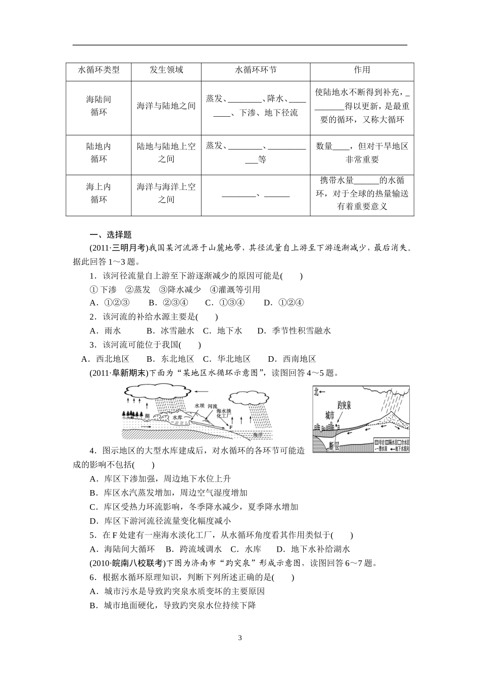 2013届高考地理一轮复习学案：10-自然界的水循环_第3页