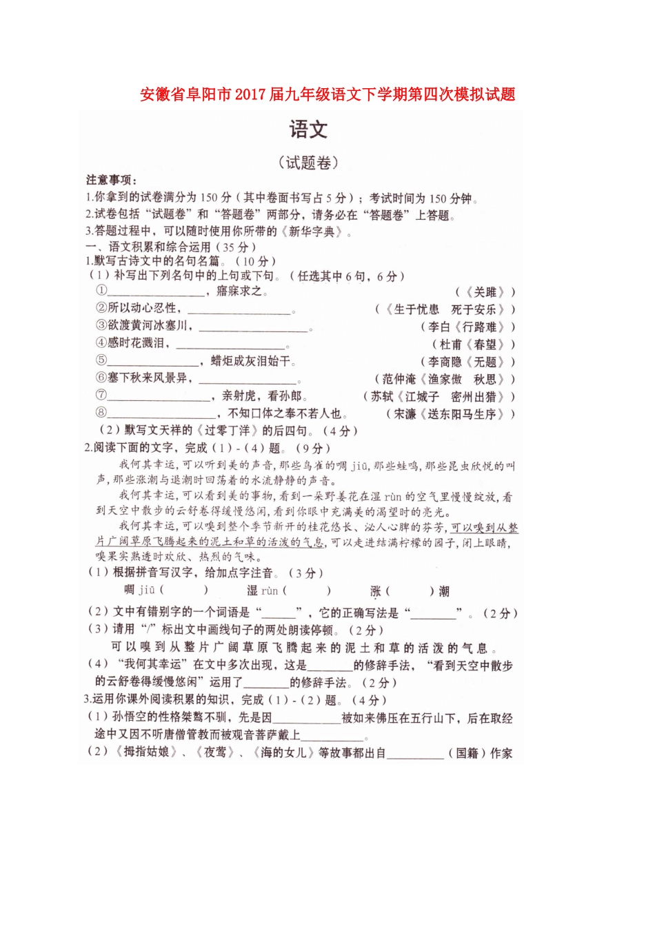 安徽省阜阳市九年级语文下学期第四次模拟试卷试卷_第1页