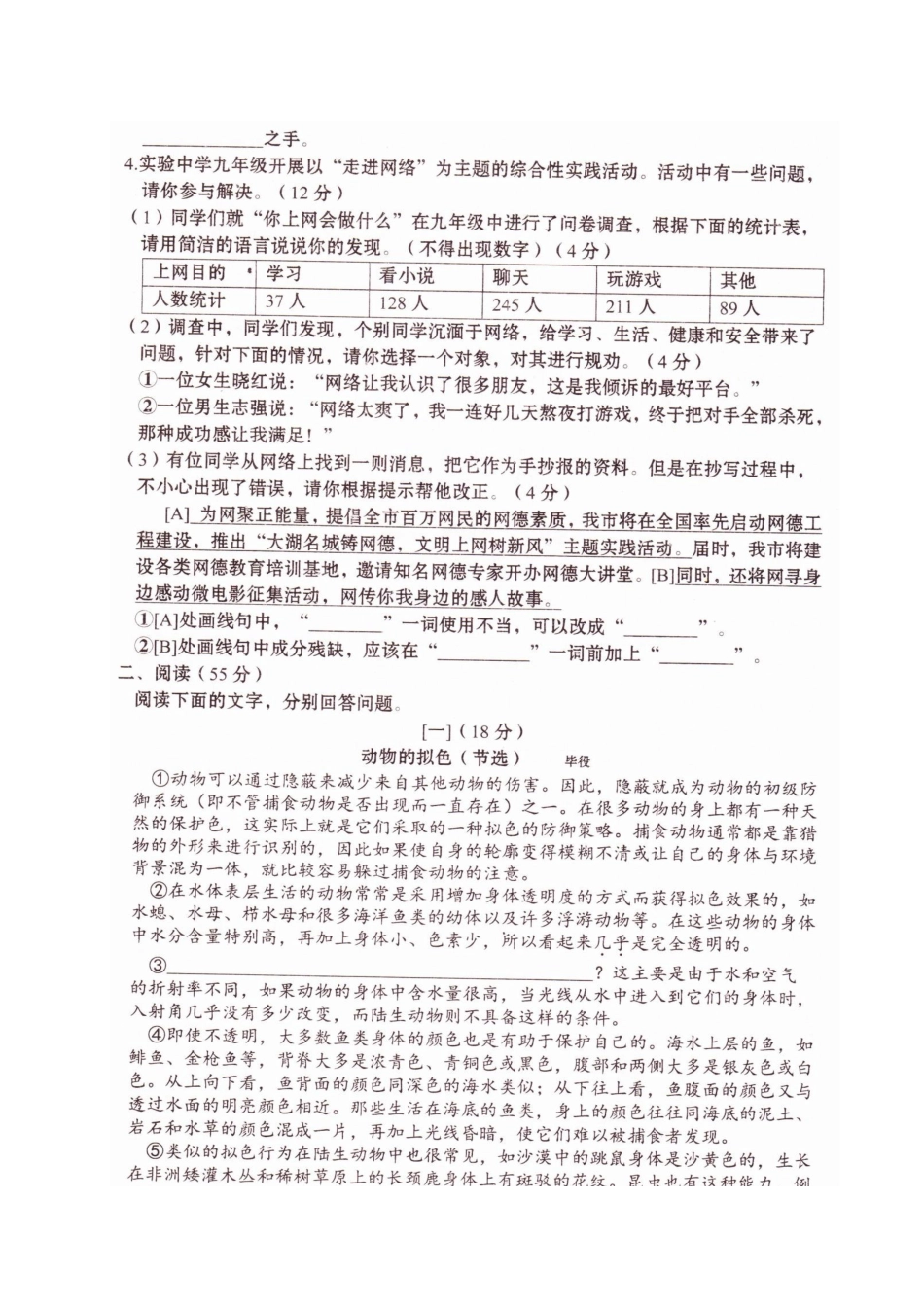安徽省阜阳市九年级语文下学期第四次模拟试卷试卷_第2页