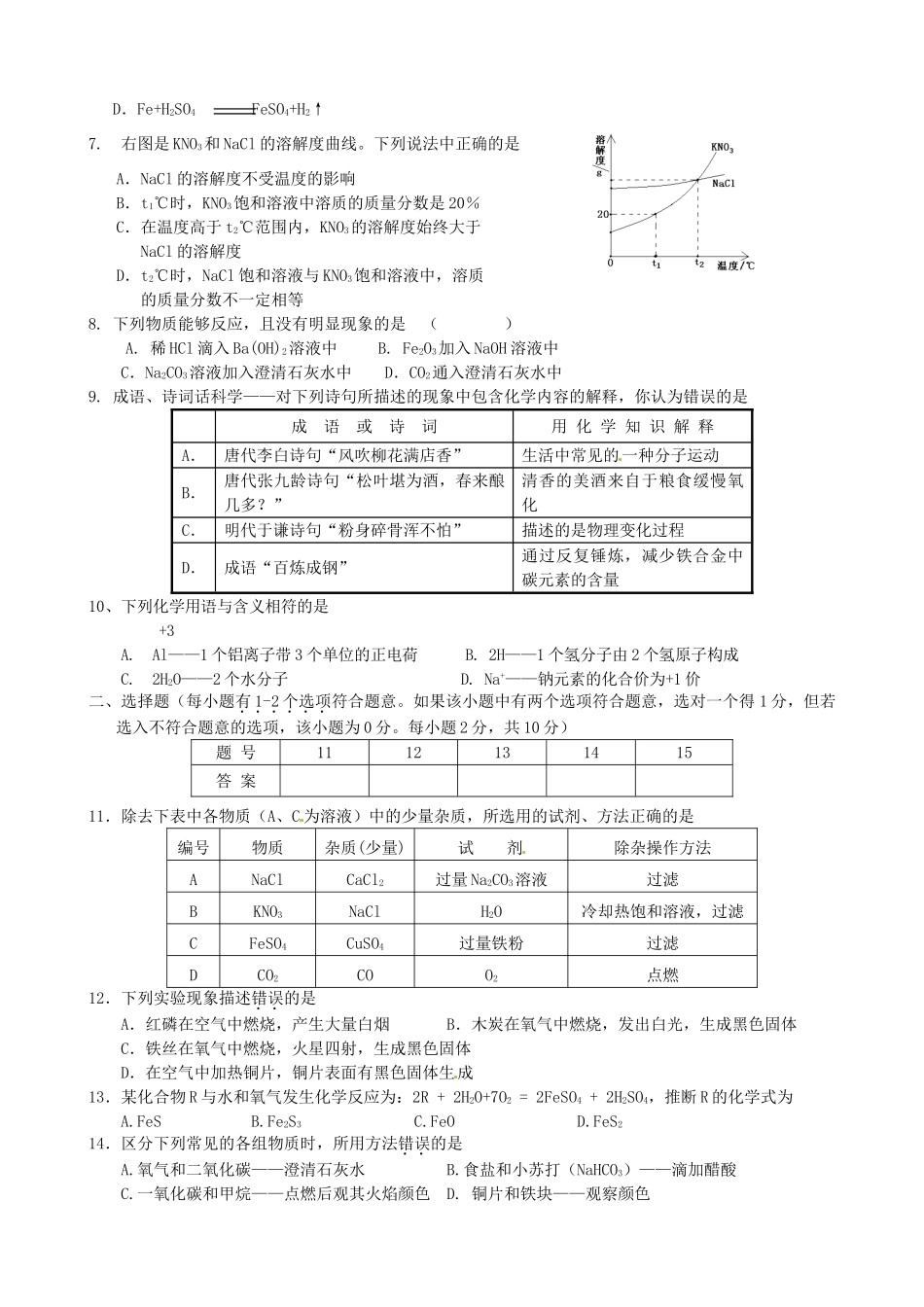九年级化学下学期第一次月度检测试卷 新人教版试卷_第2页
