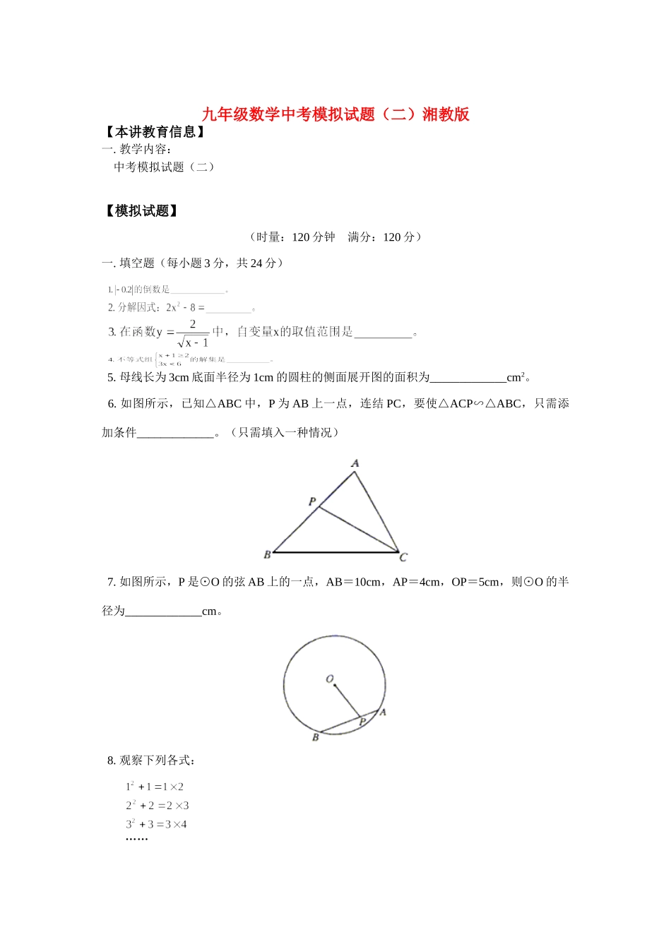 九年级数学中考模拟试卷(二)湘教版试卷_第1页