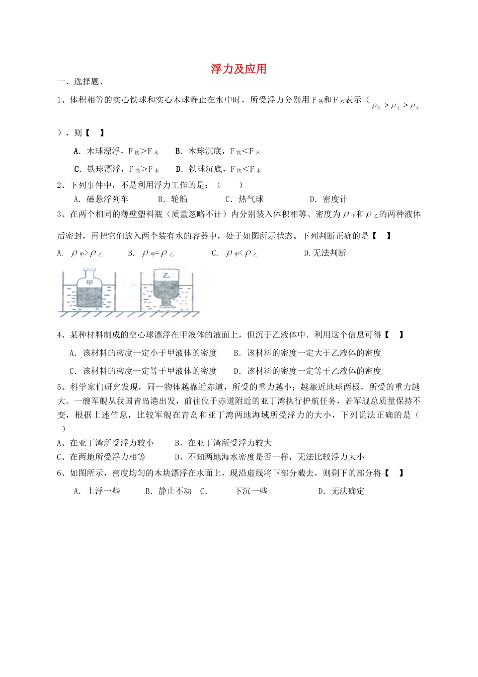 中考物理专题训练 浮力及应用试卷_第1页