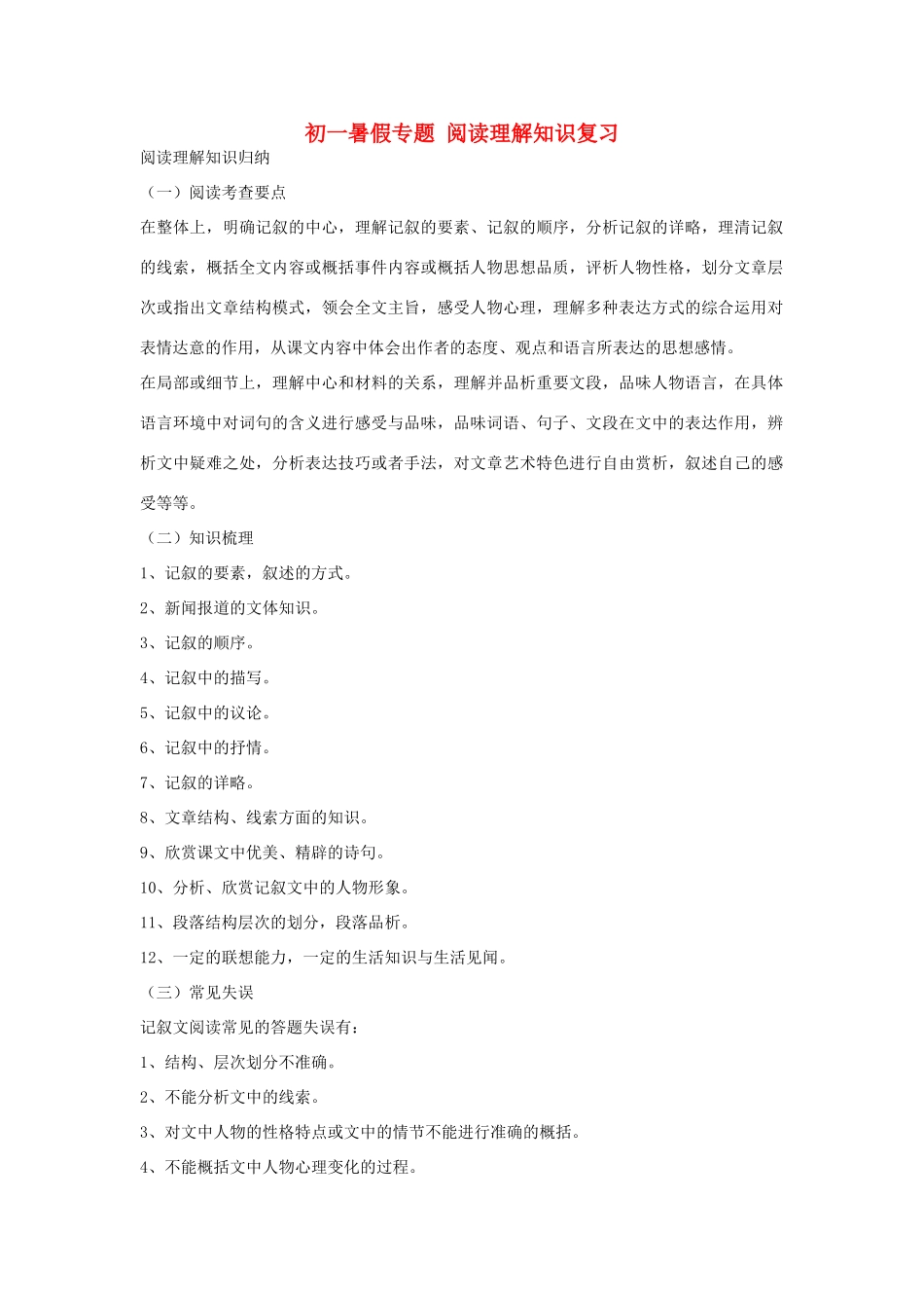 初一暑假专题 阅读理解知识复习 试题_第1页