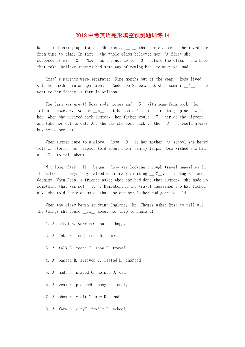 中考英语完形填空预测题训练14试卷_第1页