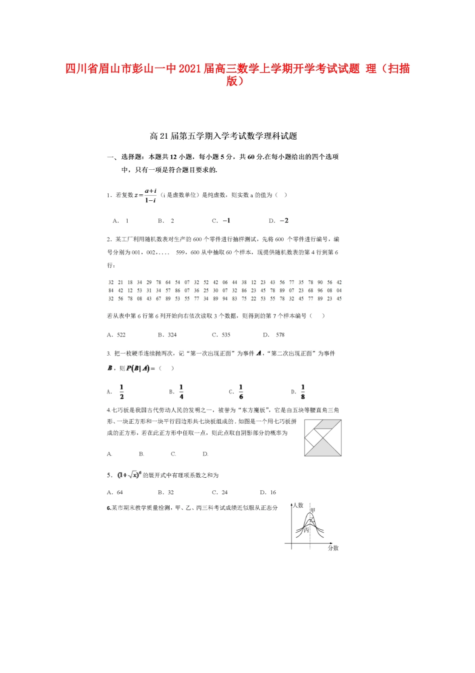 四川省眉山市彭山一中高三数学上学期开学考试试卷 理试卷_第1页