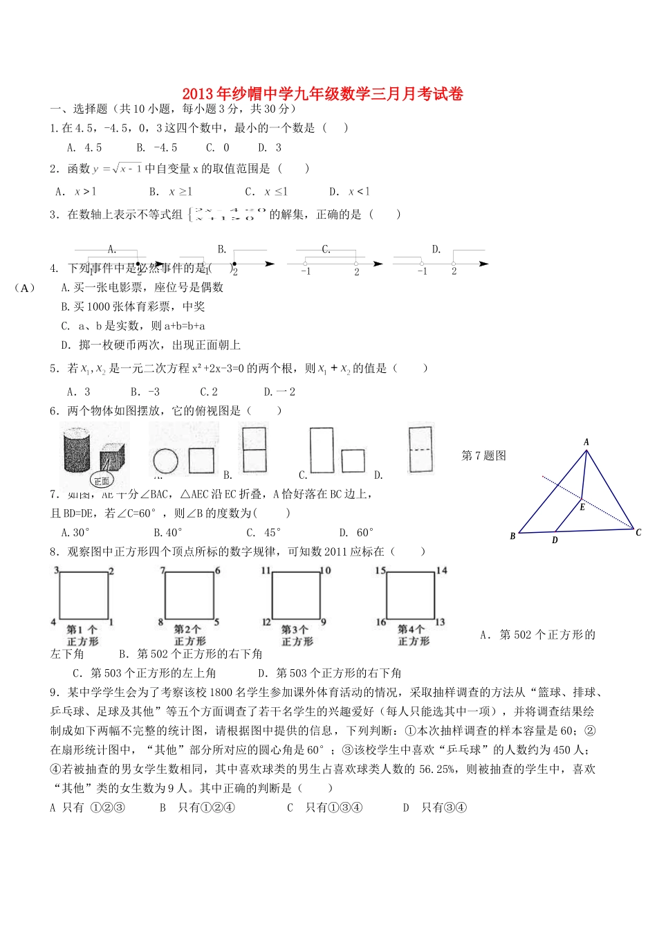 九年级数学3月月考试卷 新人教版试卷(00001)_第1页