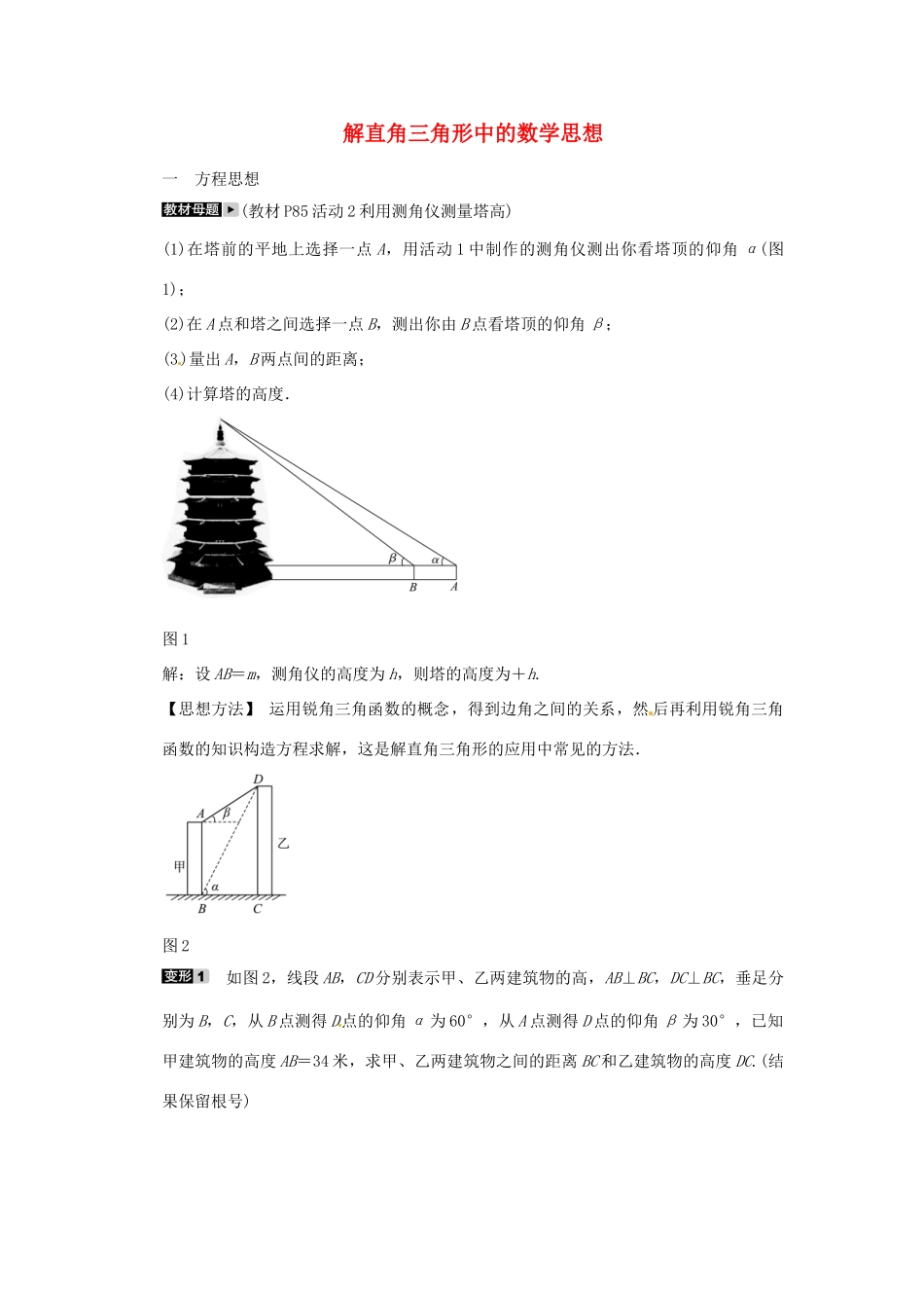 九年级数学下册 专题十九 解直角三角形中的数学思想同步测试 (新版)新人教版试卷_第1页