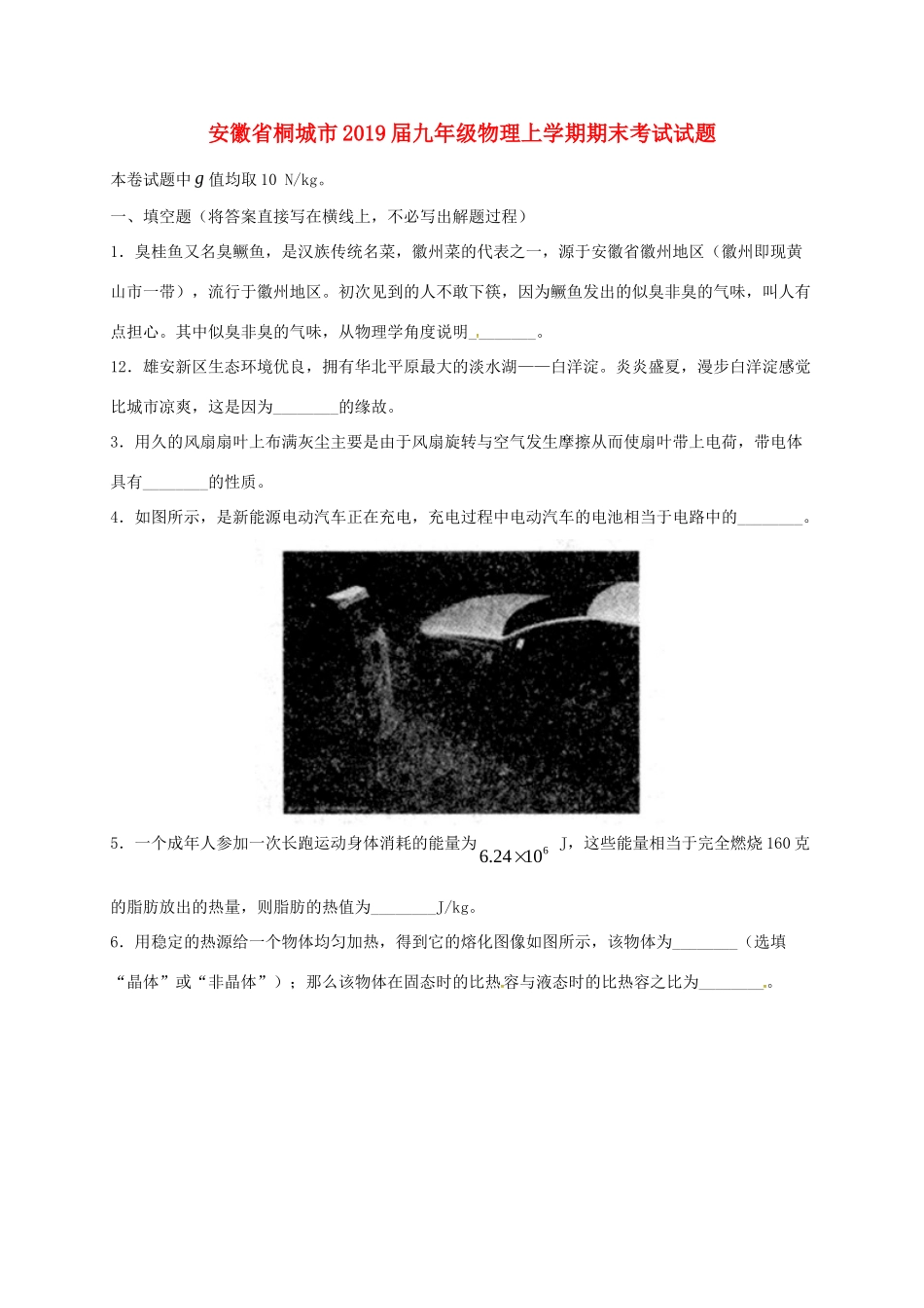 安徽省桐城市九年级物理上学期期末考试试卷_第1页