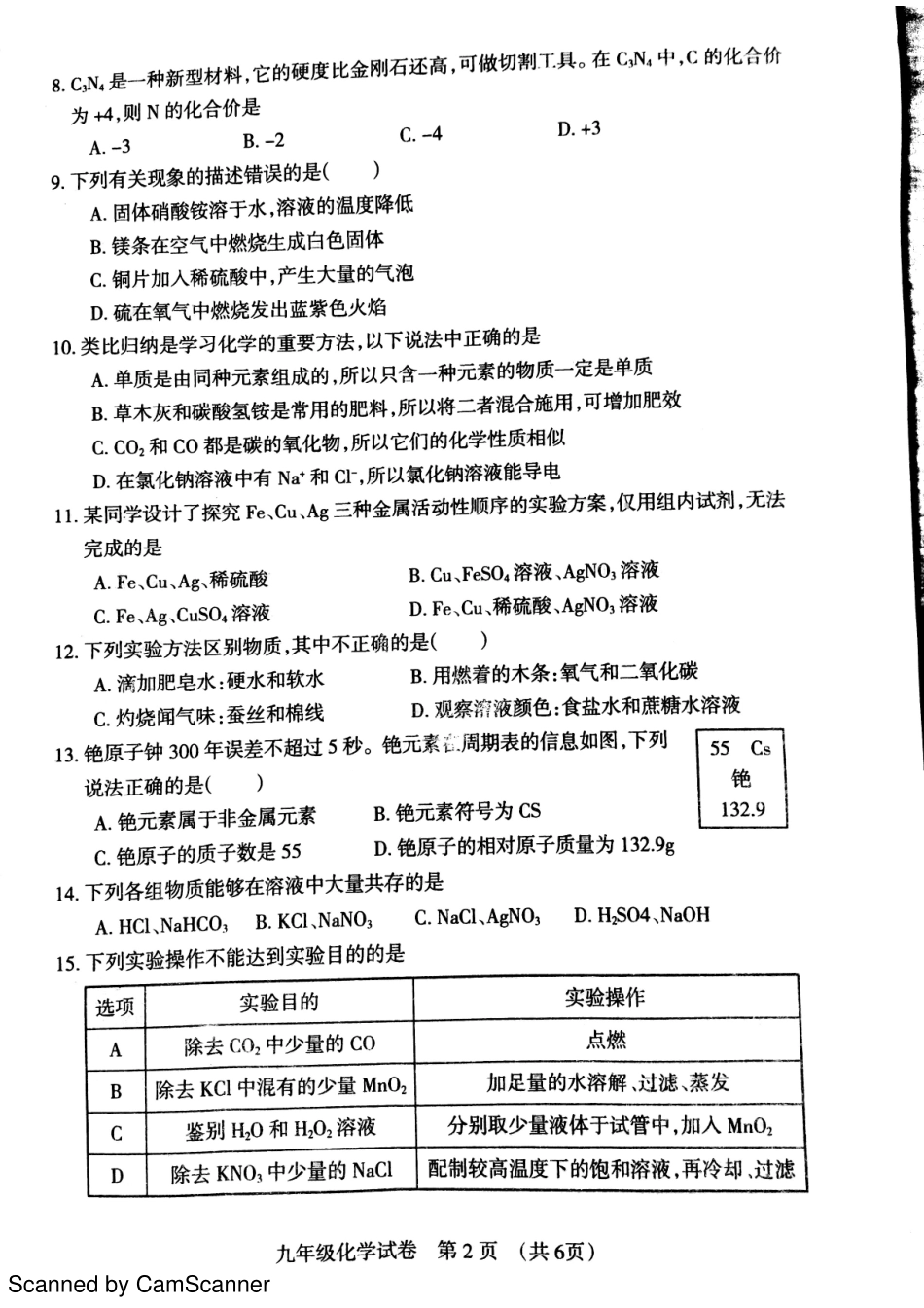 九年级化学下学期第一次模拟试卷(pdf) 0516214_第2页