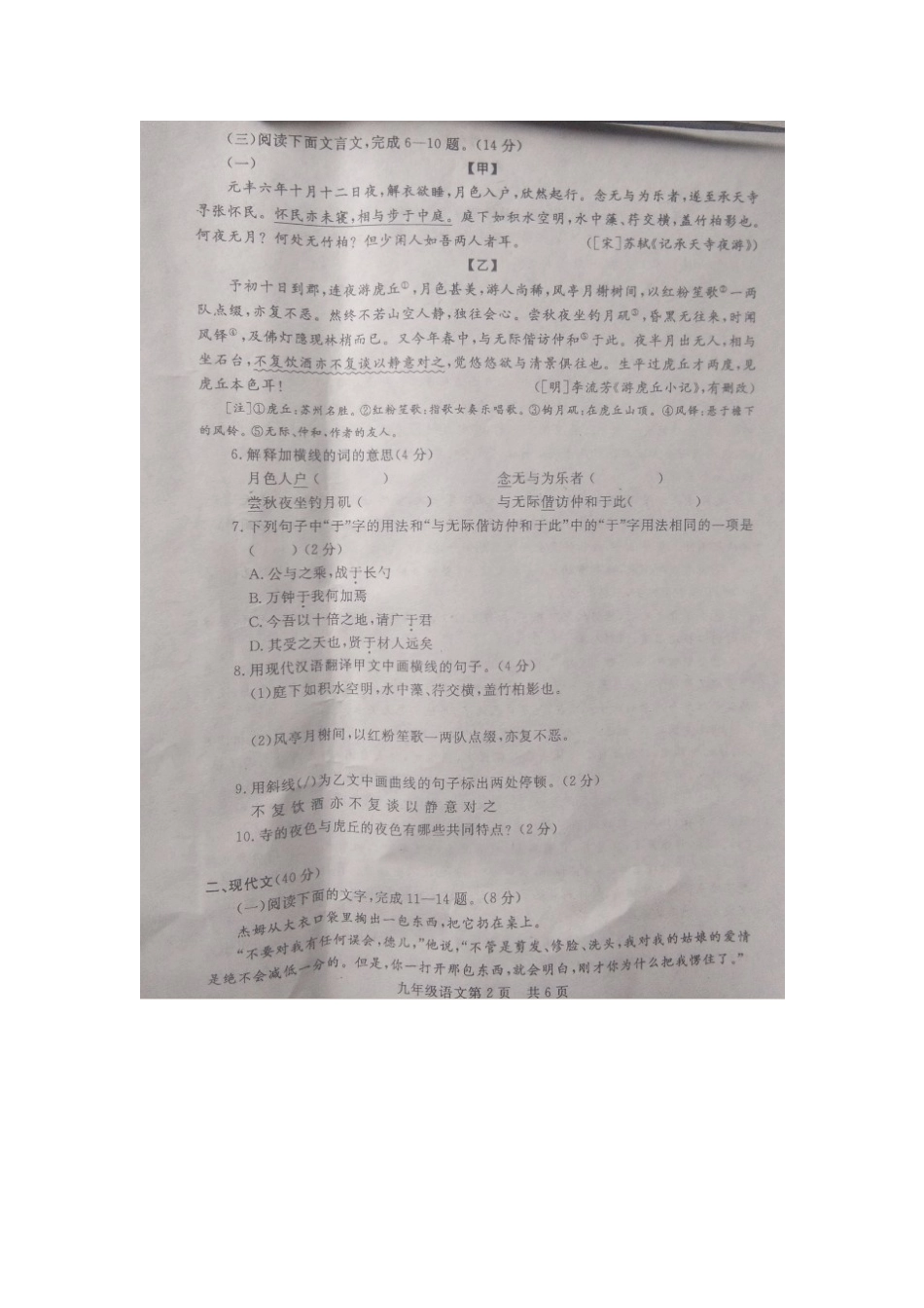 山东省菏泽市东明县九年级语文上学期期末试卷北师大版试卷_第2页