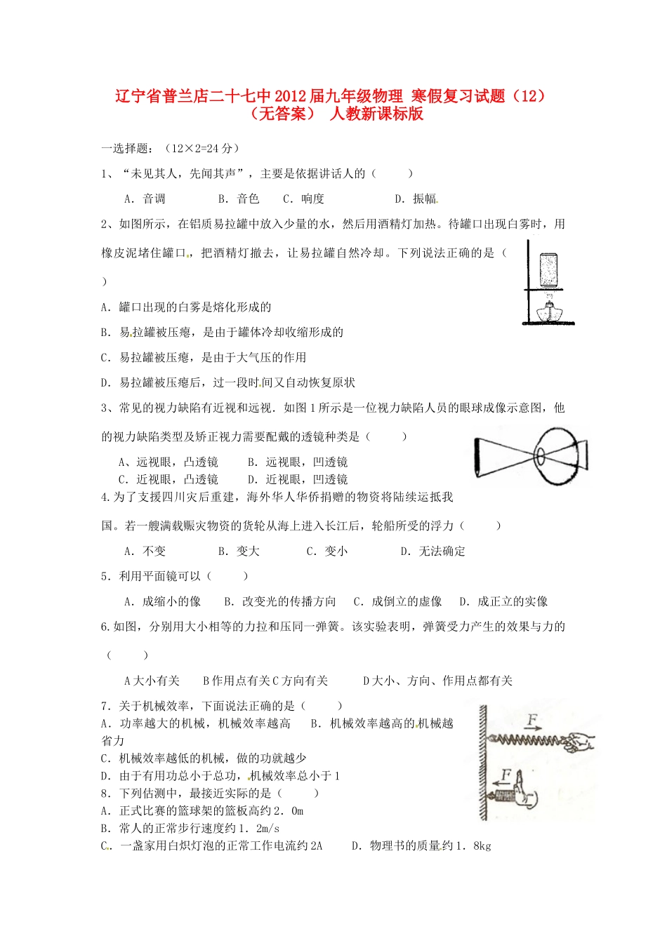 九年级物理 寒假复习试卷(12) 人教新课标版试卷_第1页