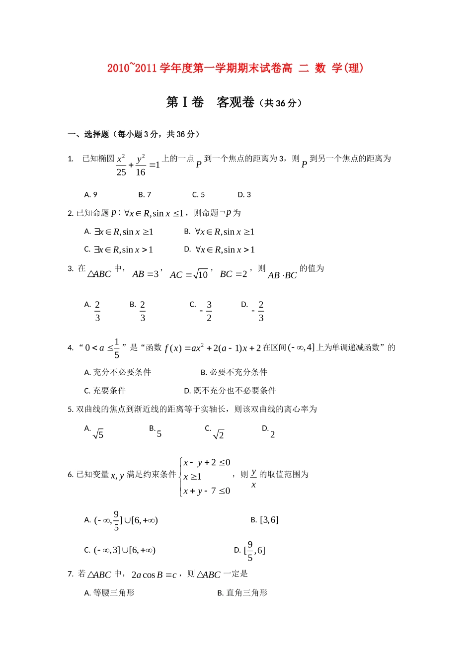山西省大同一中高二数学上学期期末考试试卷 理试卷_第1页