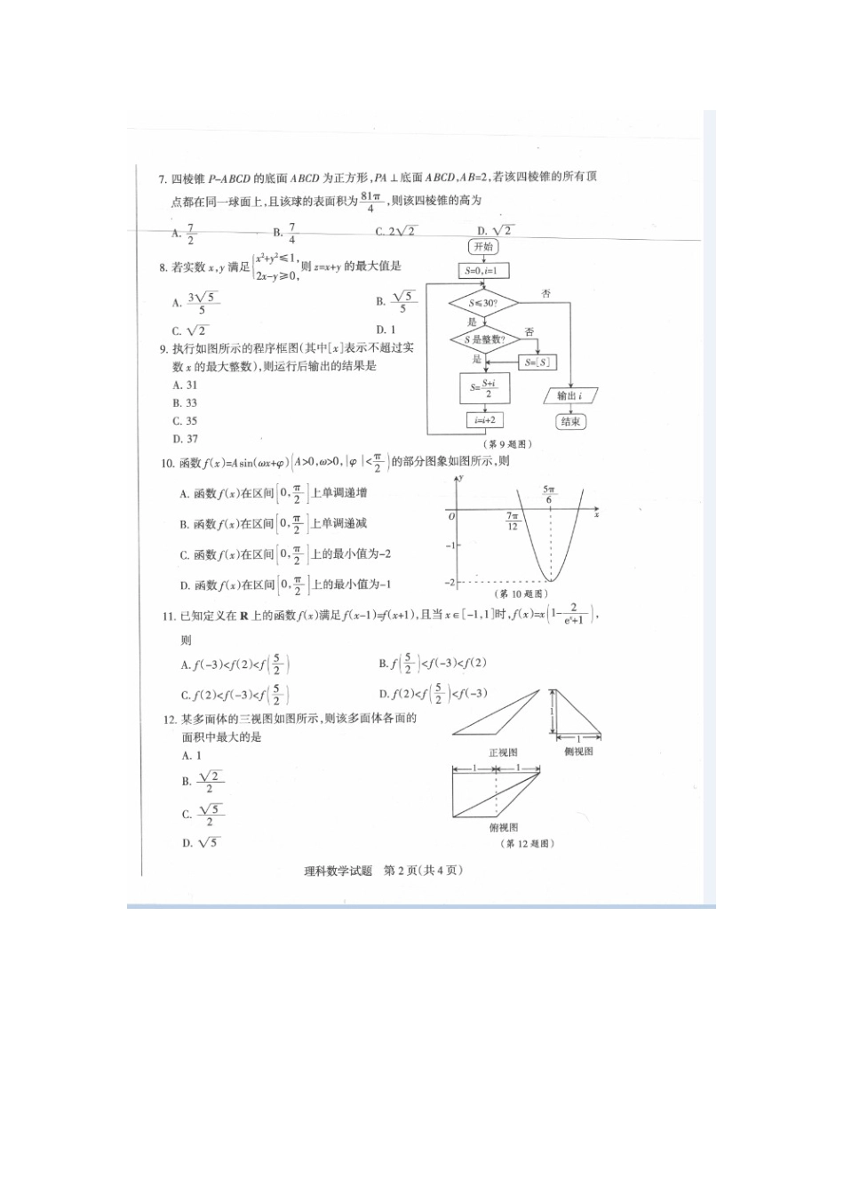 山西省朔州市高考数学上学期考前质量检测考试试卷 理试卷_第2页