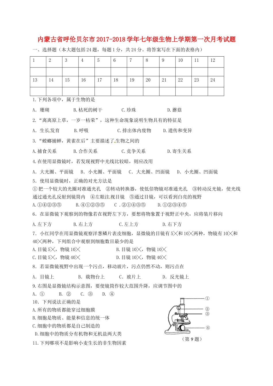 内蒙古省呼伦贝尔市七年级生物上学期第一次月考试题 新人教版 试题_第1页