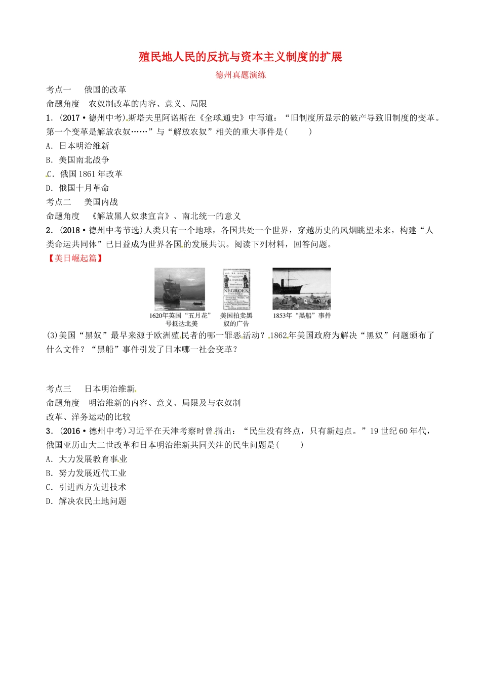 山东省德州市中考历史总复习 第五部分 世界近代史 第二十单元 殖民地人民的反抗与资本主义制度的扩展真题演练试卷_第1页