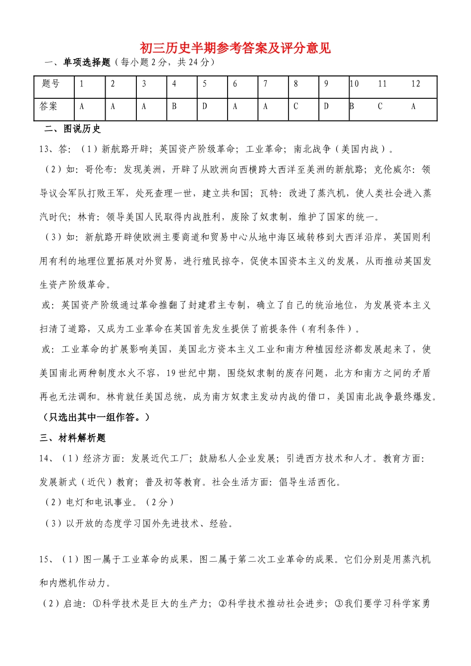 九年级历史上半期参考答案及评分意见 人教新课标版试卷_第1页