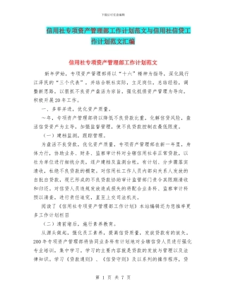 信用社专项资产管理部工作计划范文与信用社信贷工作计划范文汇编