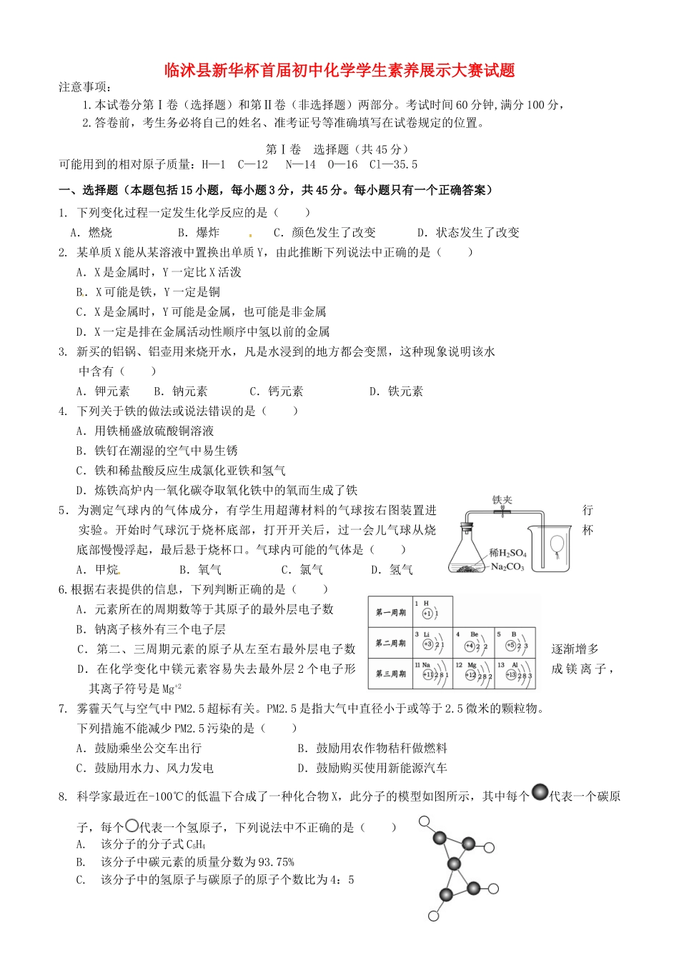 化学学生素养展示大赛试题(无答案) 试题_第1页