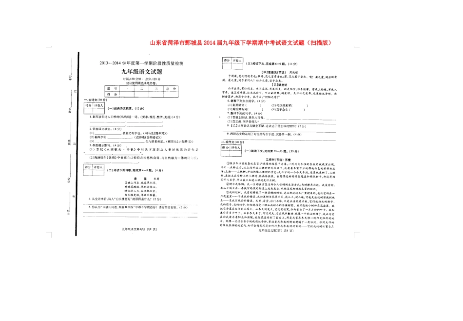 山东省菏泽市鄄城县九年级语文下学期期中试卷试卷_第1页