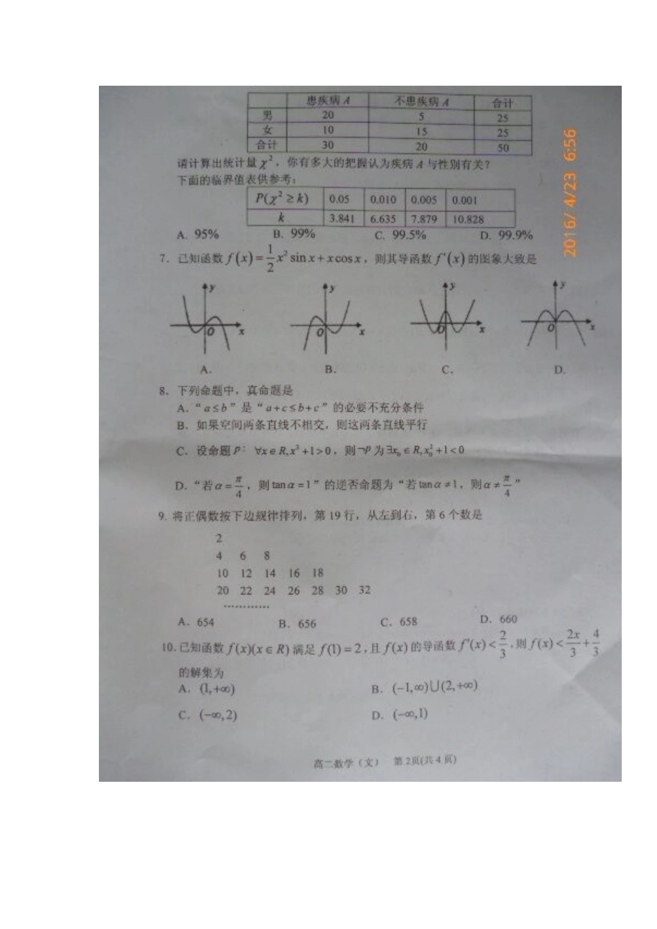 山东省高密市 高二数学下学期期中试卷 文试卷_第2页