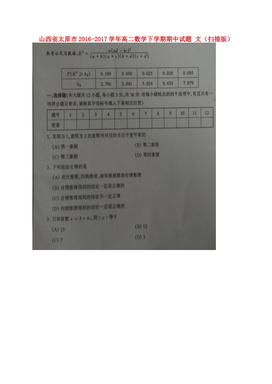 山西省太原市 高二数学下学期期中试卷 文试卷_第1页