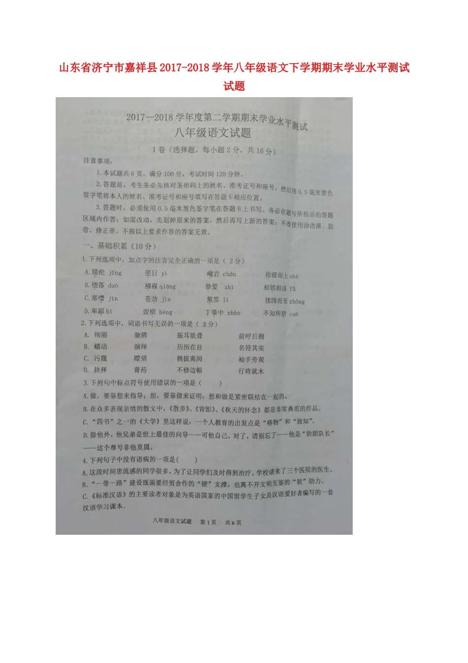 山东省济宁市嘉祥县 八年级语文下学期期末学业水平测试试卷新人教版试卷_第1页