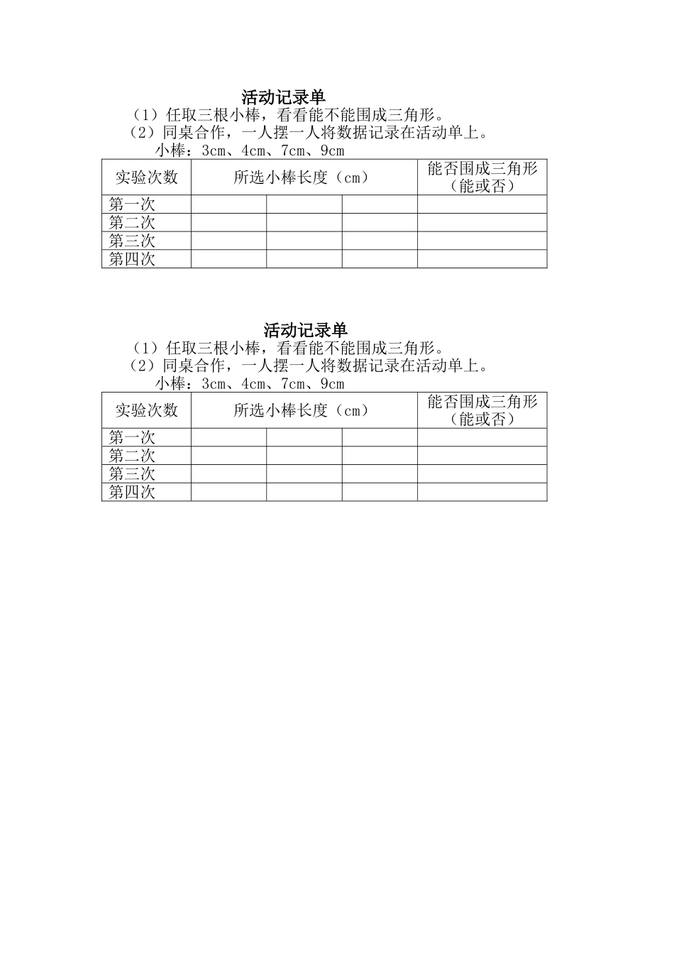 小学数学2011版本小学四年级三角形边的关系活动记录单_第1页