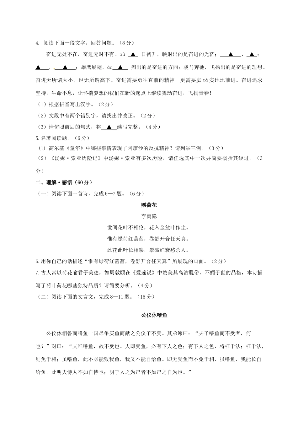 中考语文模拟试卷(三，无答案)试卷_第2页