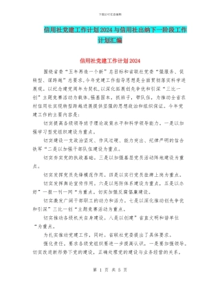 信用社党建工作计划2024与信用社出纳下一阶段工作计划汇编