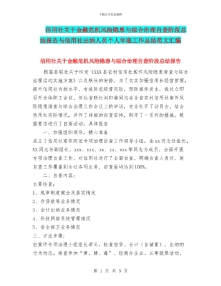 信用社关于金融危机风险隐患与综合治理自查阶段总结报告与信用社出纳人员个人年底工作总结范文汇编