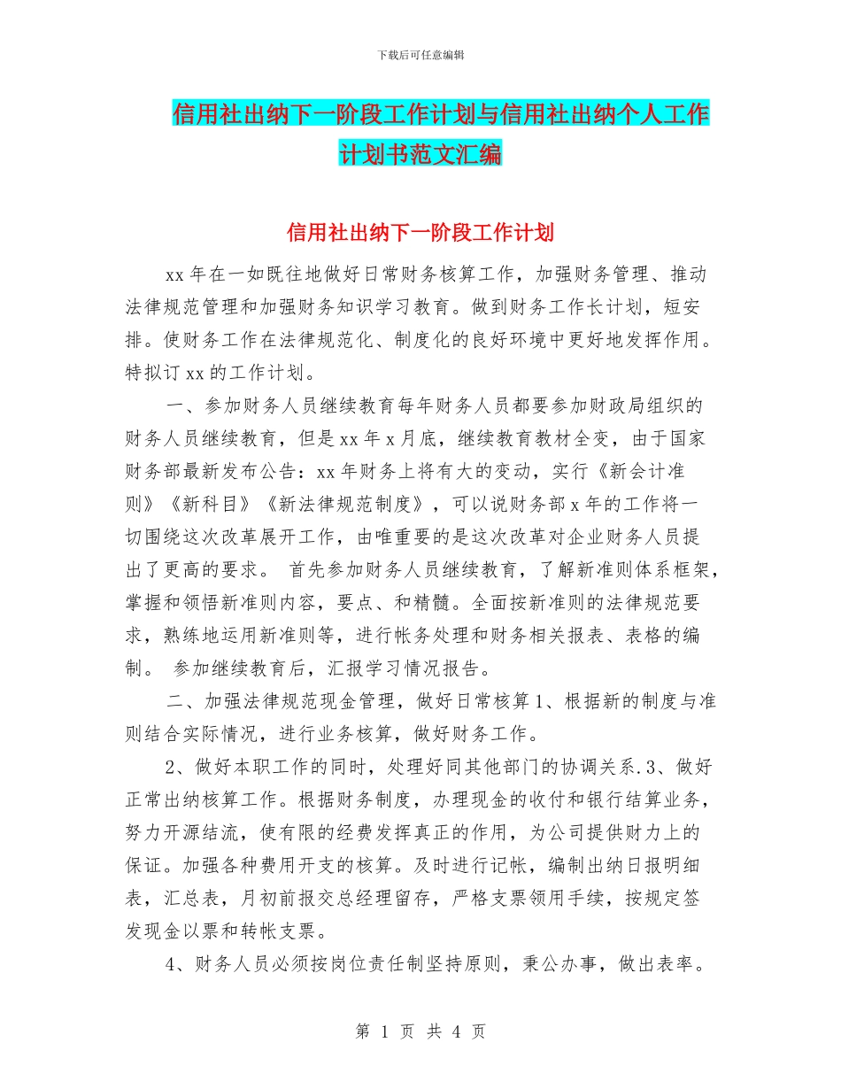 信用社出纳下一阶段工作计划与信用社出纳个人工作计划书范文汇编_第1页