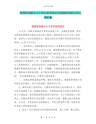 信用社出纳个人工作计划书范文与信用社出纳工作计划汇编