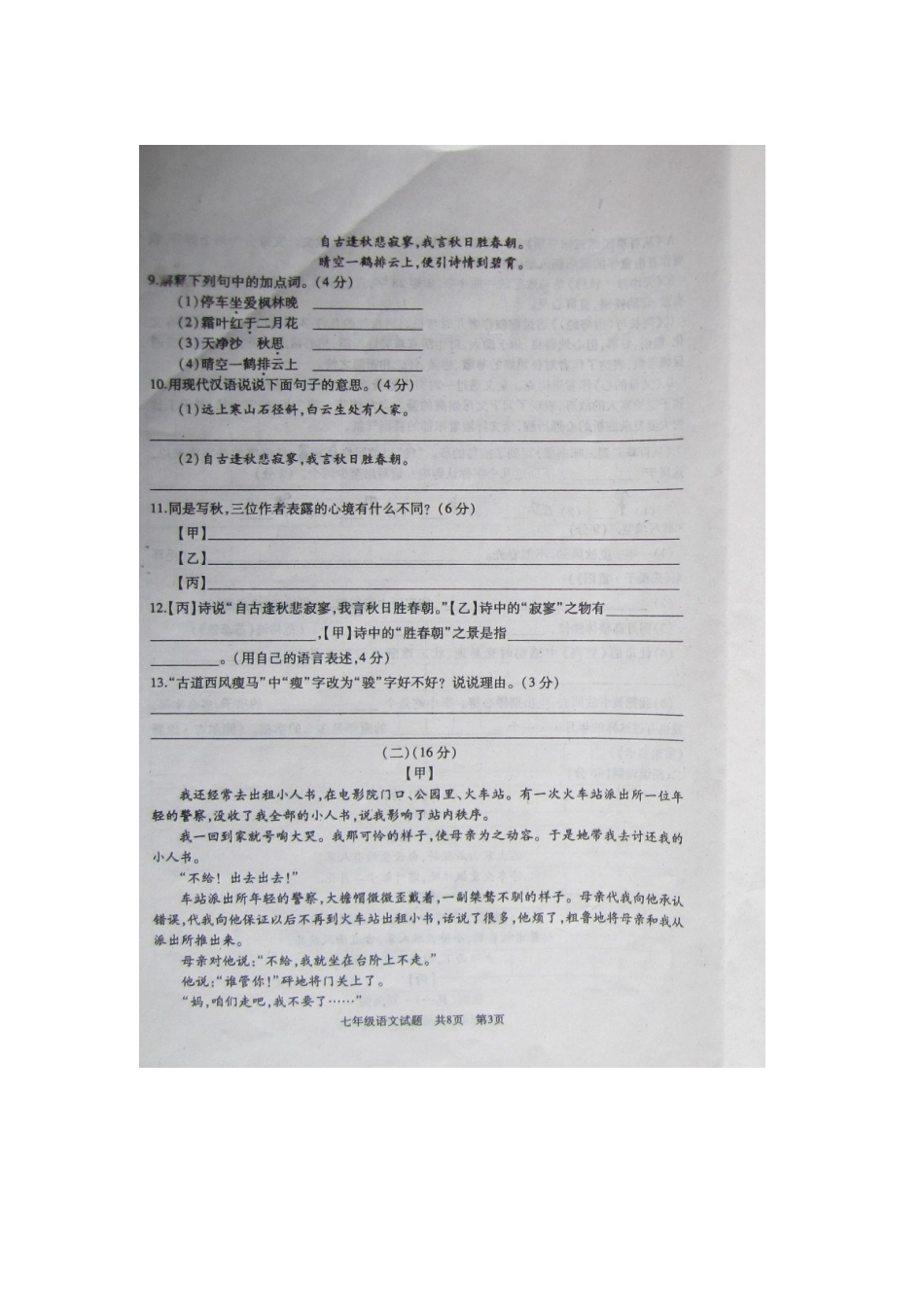 山东省枣庄市山亭区七年级语文上学期期中试卷新人教版试卷_第2页