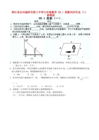 九年级数学 291 投影同步作业(1) 浙教版试卷