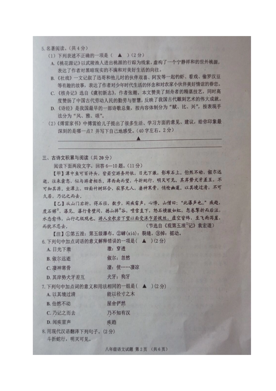 山东省济宁市邹城县 八年级语文下学期期中试卷新人教版试卷_第2页