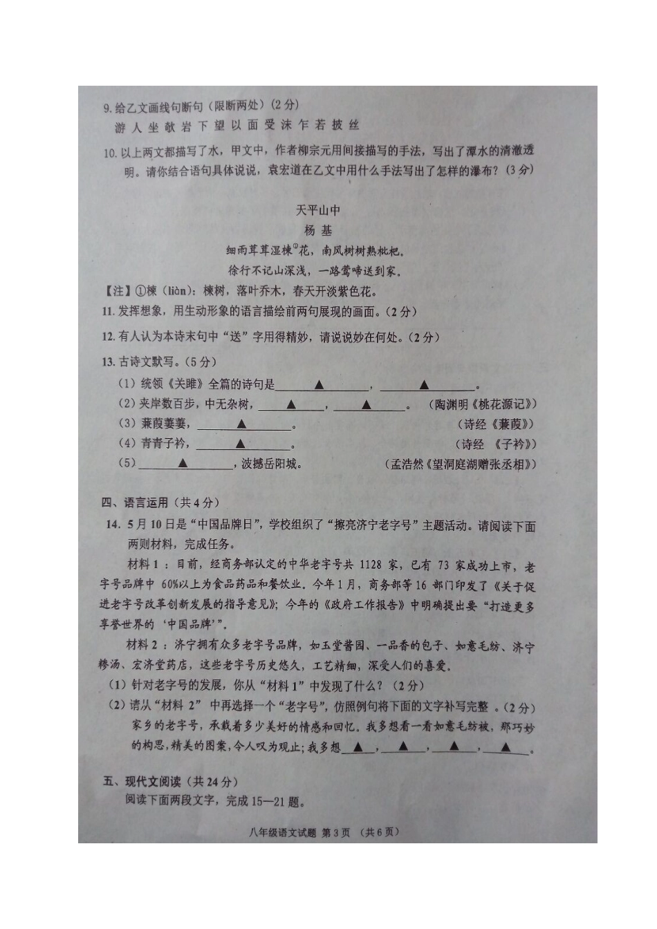 山东省济宁市邹城县 八年级语文下学期期中试卷新人教版试卷_第3页
