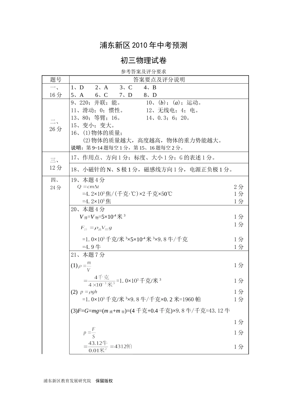 2010年中考预测物理试卷参考答案及评分要求_第1页