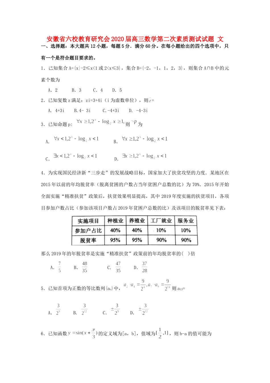 安徽省六校教育研究会高三数学第二次素质测试试卷 文 安徽省六校教育研究会高三数学第二次素质测试试卷 文 安徽省六校教育研究会高三数学第二次素质测试试卷 文_第1页