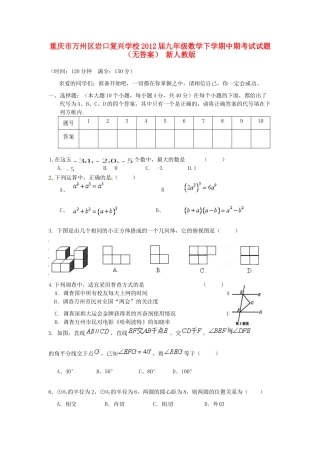 九年级数学下学期中期考试试卷 新人教版试卷