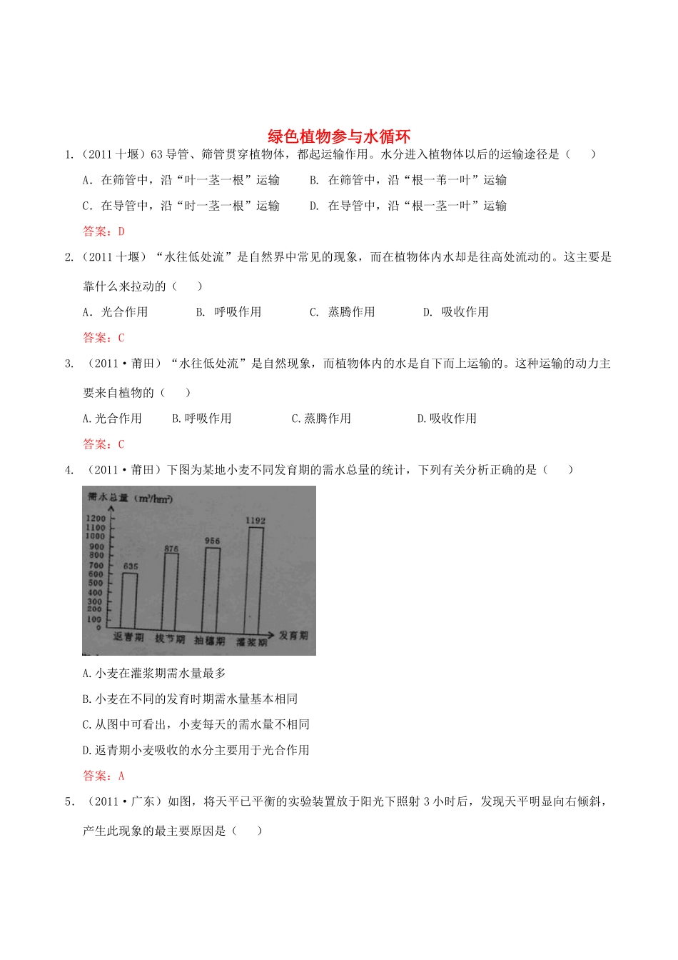 中考生物试卷分类集之七 绿色植物与生物圈中的水循环试卷_第1页
