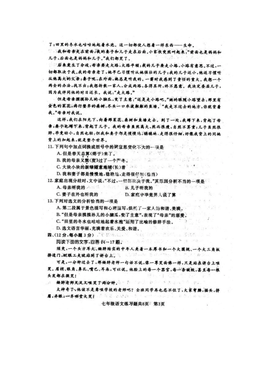 山东省泰安市岱岳区七年级语文上学期期中试卷新人教版_第3页