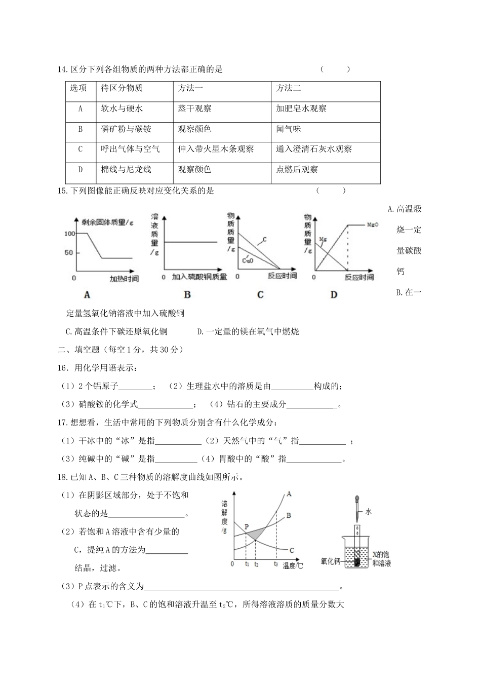 九年级化学下学期第六次月考试卷 五四制试卷_第3页