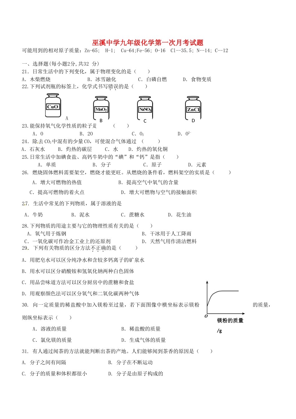 九年级化学下学期第一次月考试卷(答案不全)试卷_第1页