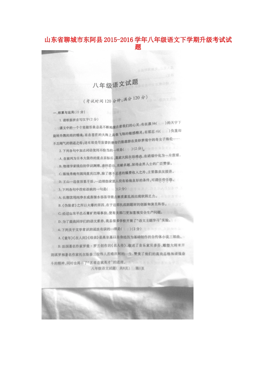 山东省聊城市东阿县 八年级语文下学期升级考试试卷(扫描版，无答案) 新人教版试卷_第1页