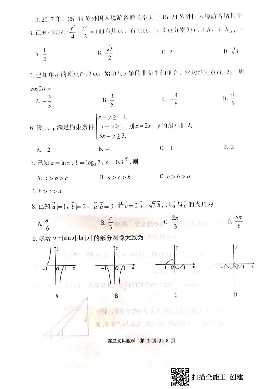 安徽省亳州市高三数学上学期期末教学质量检测试卷 文(PDF，无答案)试卷_第2页