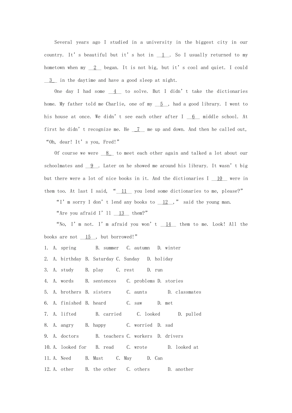 中考英语完形填空训练及解析7 人教新目标版试卷_第3页