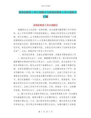 信用社财务工作计划例文与信用社财务工作计划范文汇编