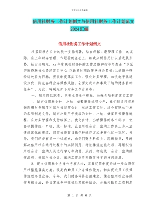 信用社财务工作计划例文与信用社财务工作计划范文2024汇编